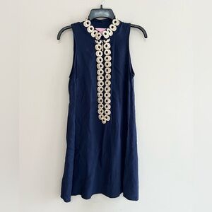 Lilly Pulitzer Jane Zipper Front Lace Appliqué Trim Shift Dress, Navy/Gold, 2